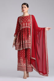 Maroon Santoon Printed Gathered Kurta Pant and Dupatta Suit Set