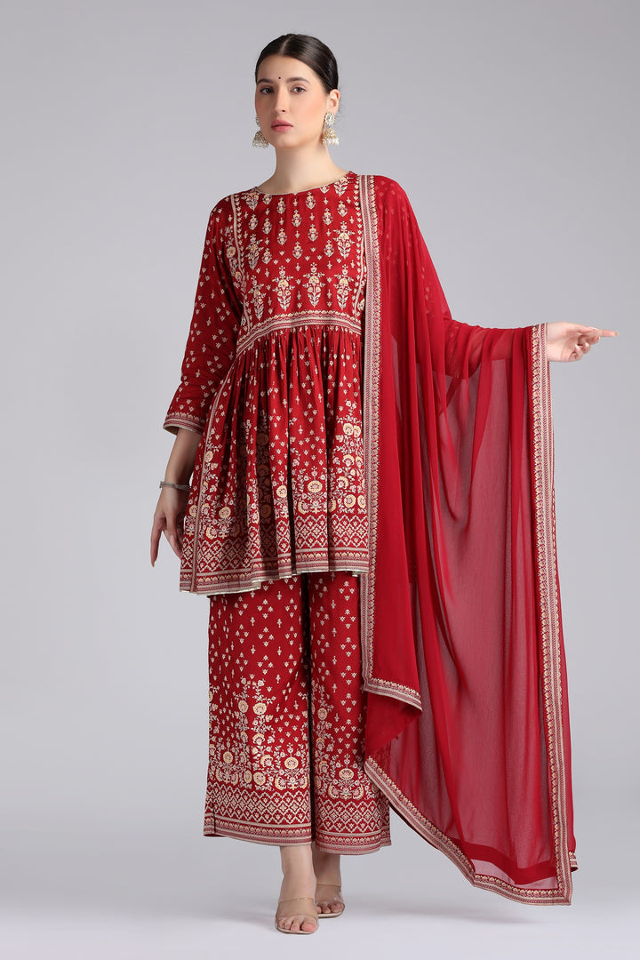 Maroon Santoon Printed Gathered Kurta Pant and Dupatta Suit Set