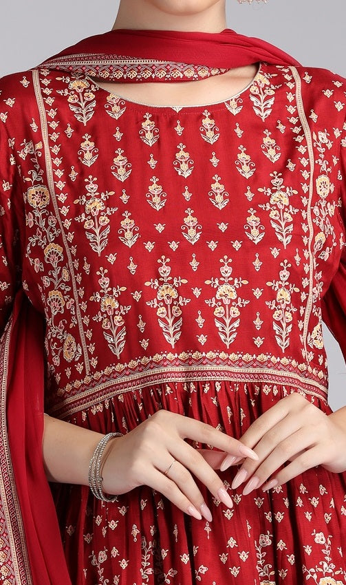 Maroon Santoon Printed Gathered Kurta Pant and Dupatta Suit Set
