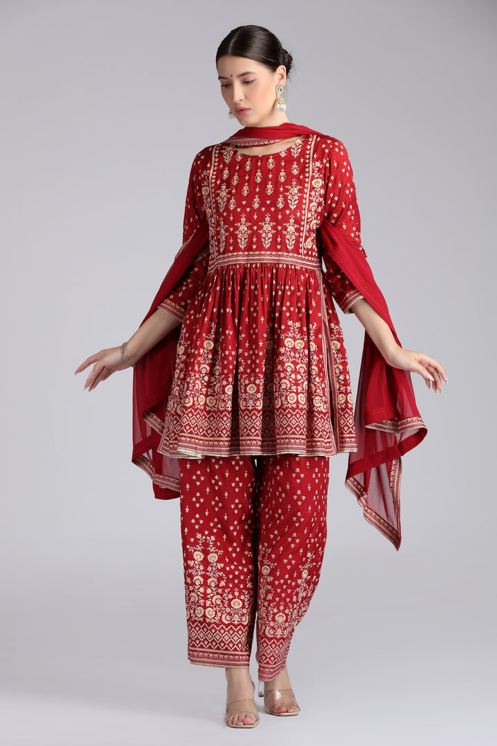 Maroon Santoon Printed Gathered Kurta Pant and Dupatta Suit Set