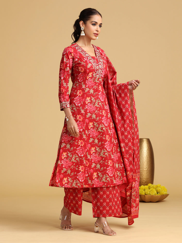 Maroon Embroidered A-Line Cotton Ethnic Set