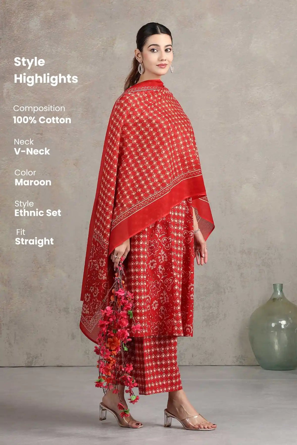 Maroon Floral Printed Straight Cotton Ethnic Set