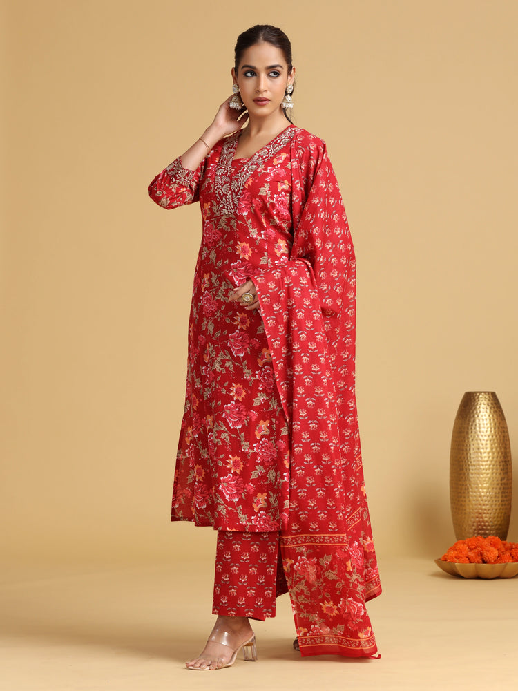 Maroon Embroidered A-Line Cotton Ethnic Set