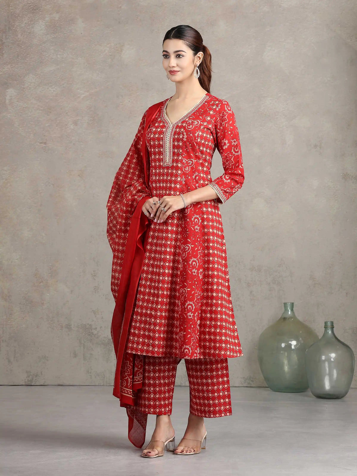 Maroon Floral Printed Straight Cotton Ethnic Set