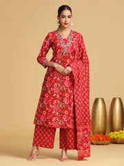 Maroon Embroidered A-Line Cotton Ethnic Set