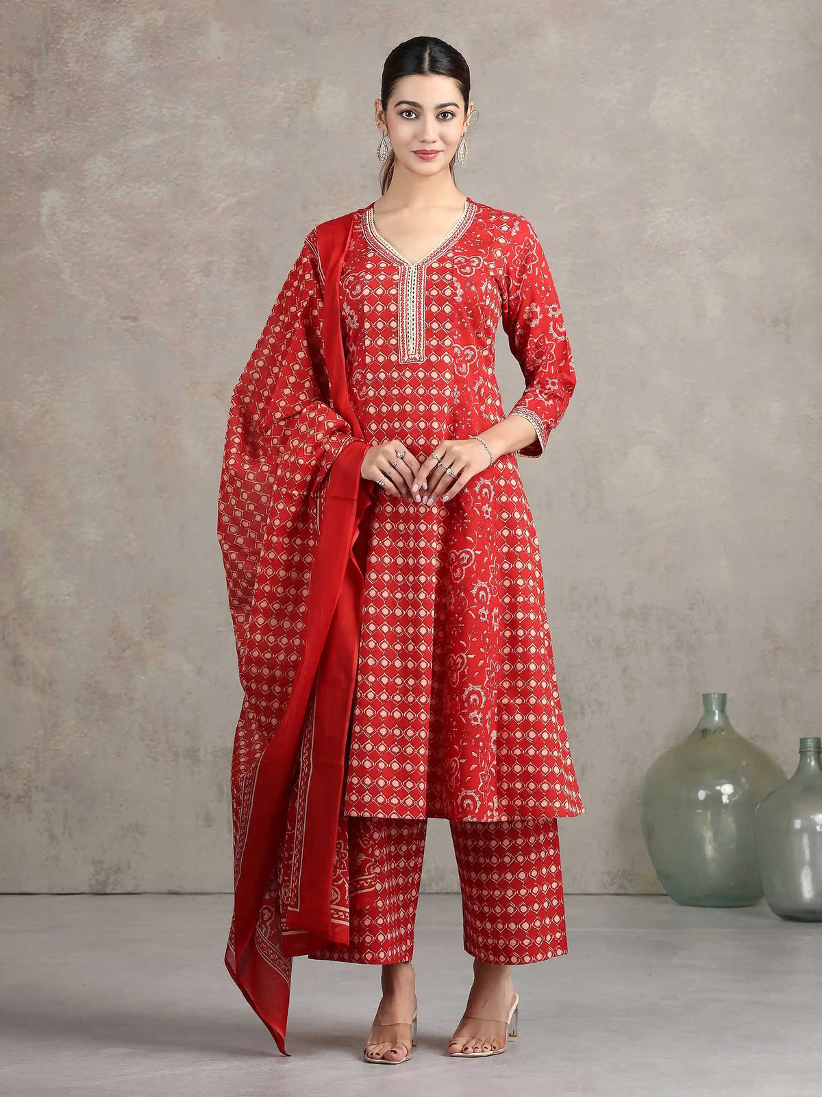Maroon Floral Printed Straight Cotton Ethnic Set