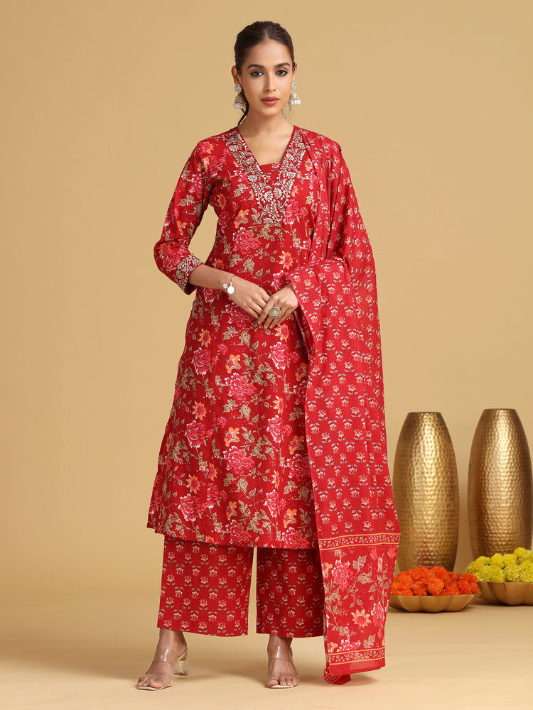 Maroon Embroidered A-Line Cotton Ethnic Set