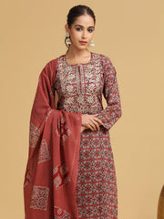 Maroon Embroidered Straight Cotton Ethnic Set