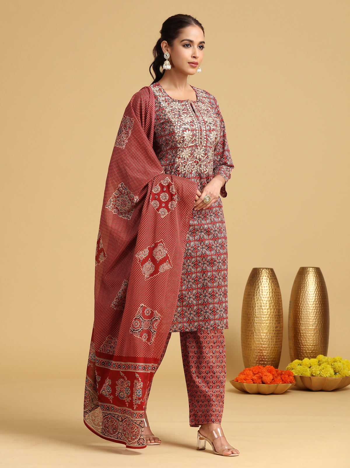 Maroon Embroidered Straight Cotton Ethnic Set