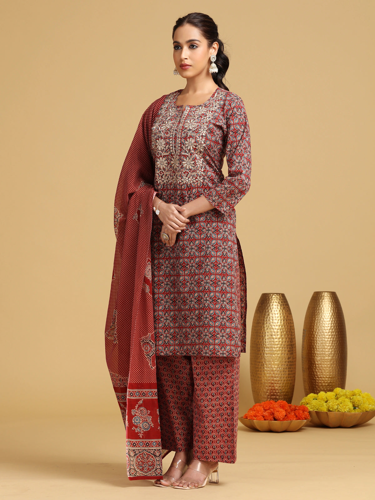 Maroon Embroidered Straight Cotton Ethnic Set