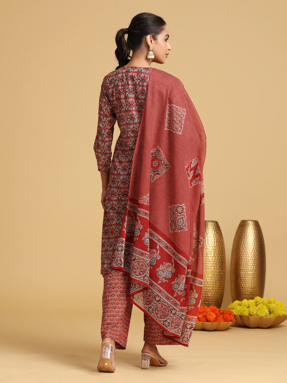 Maroon Embroidered Straight Cotton Ethnic Set