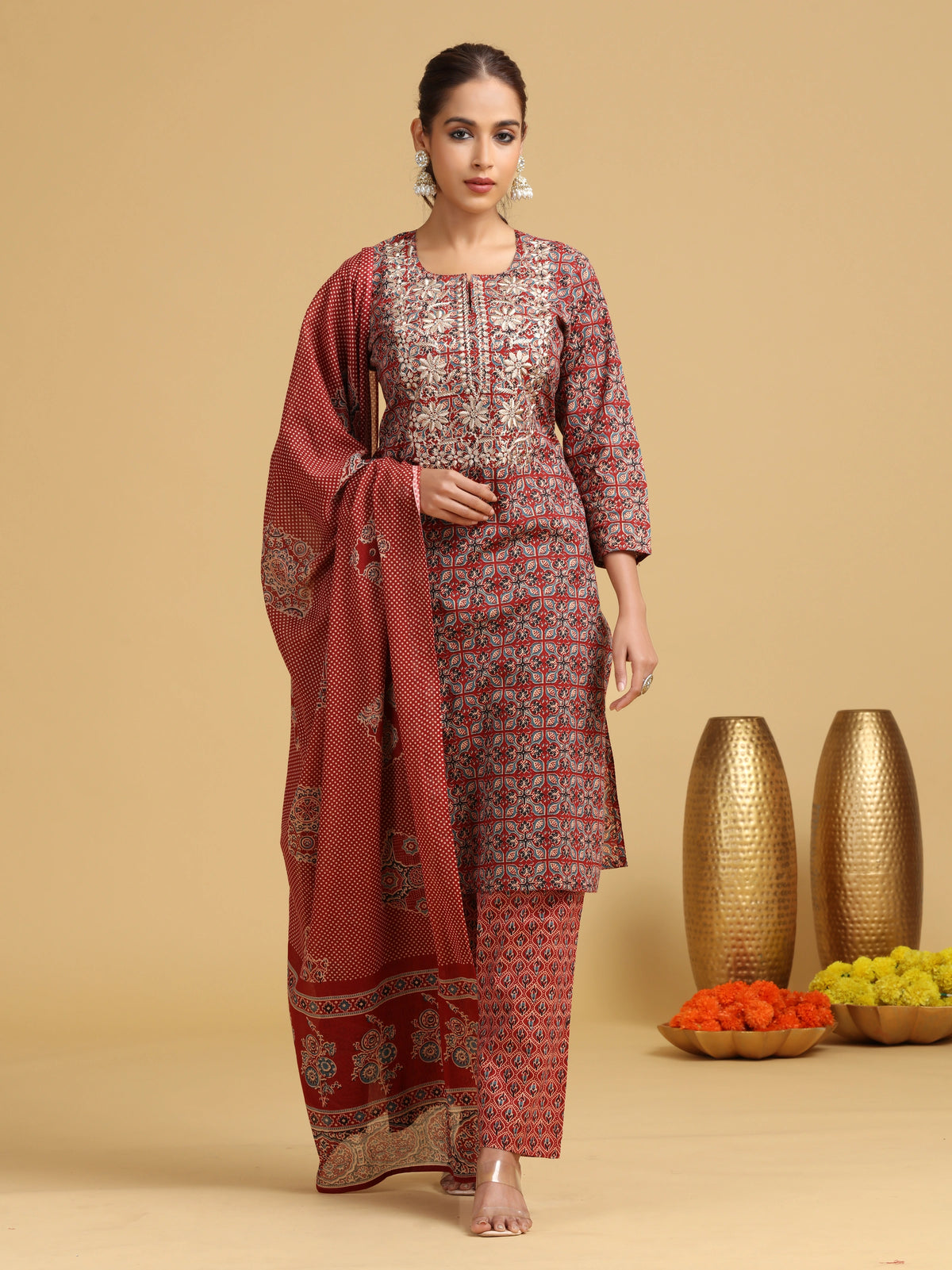 Maroon Embroidered Straight Cotton Ethnic Set