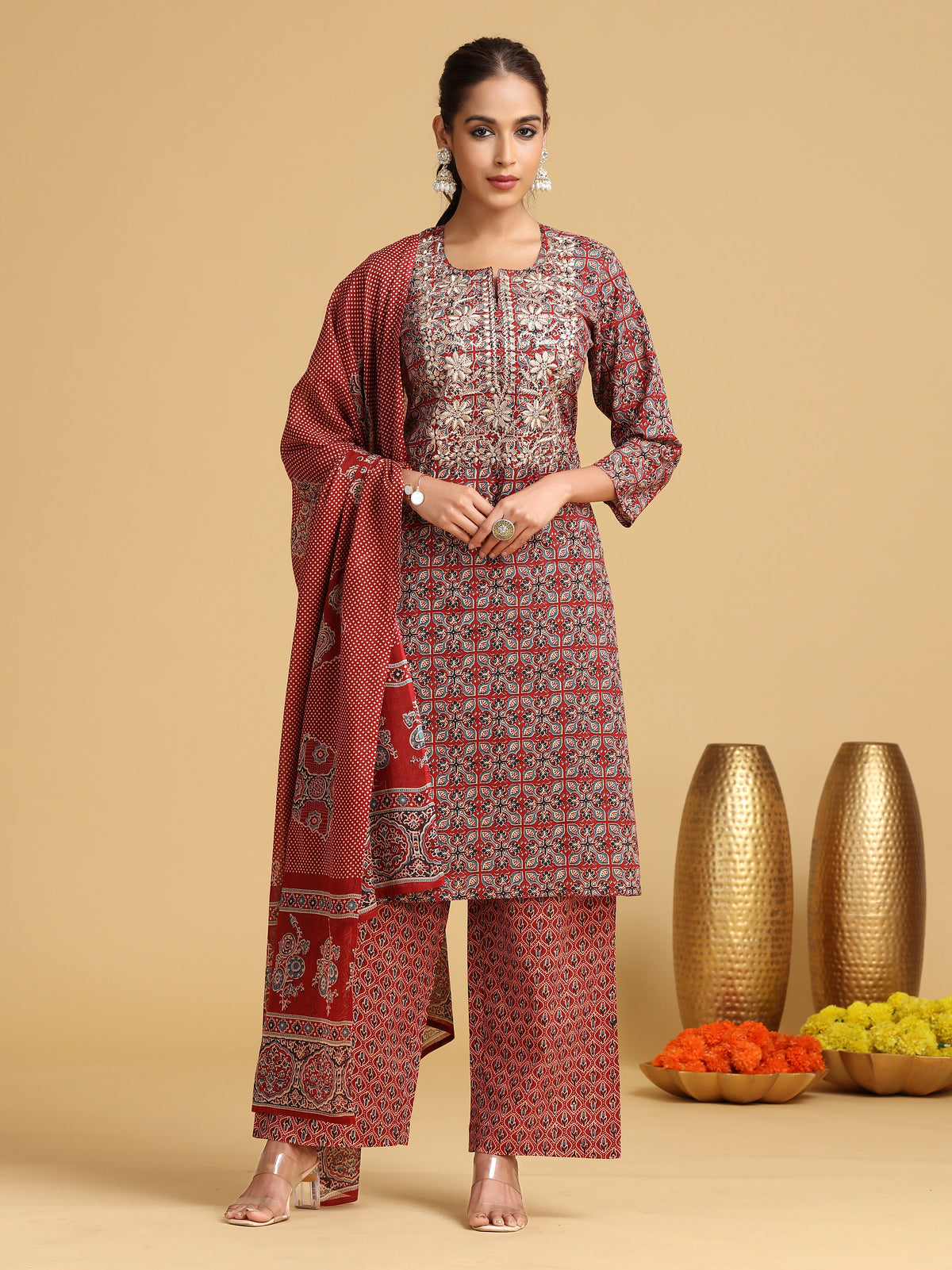 Maroon Embroidered Straight Cotton Ethnic Set