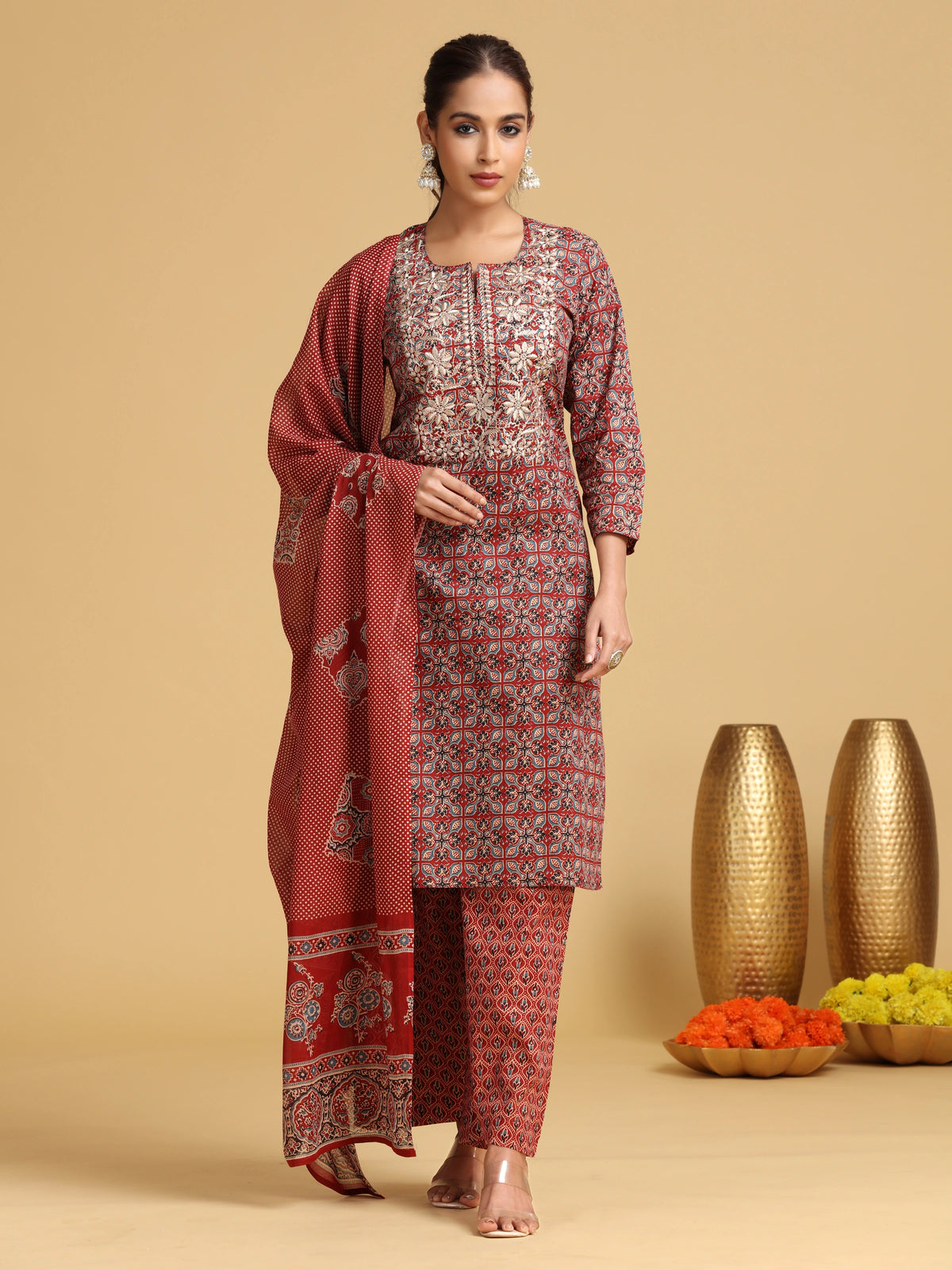 Maroon Embroidered Straight Cotton Ethnic Set