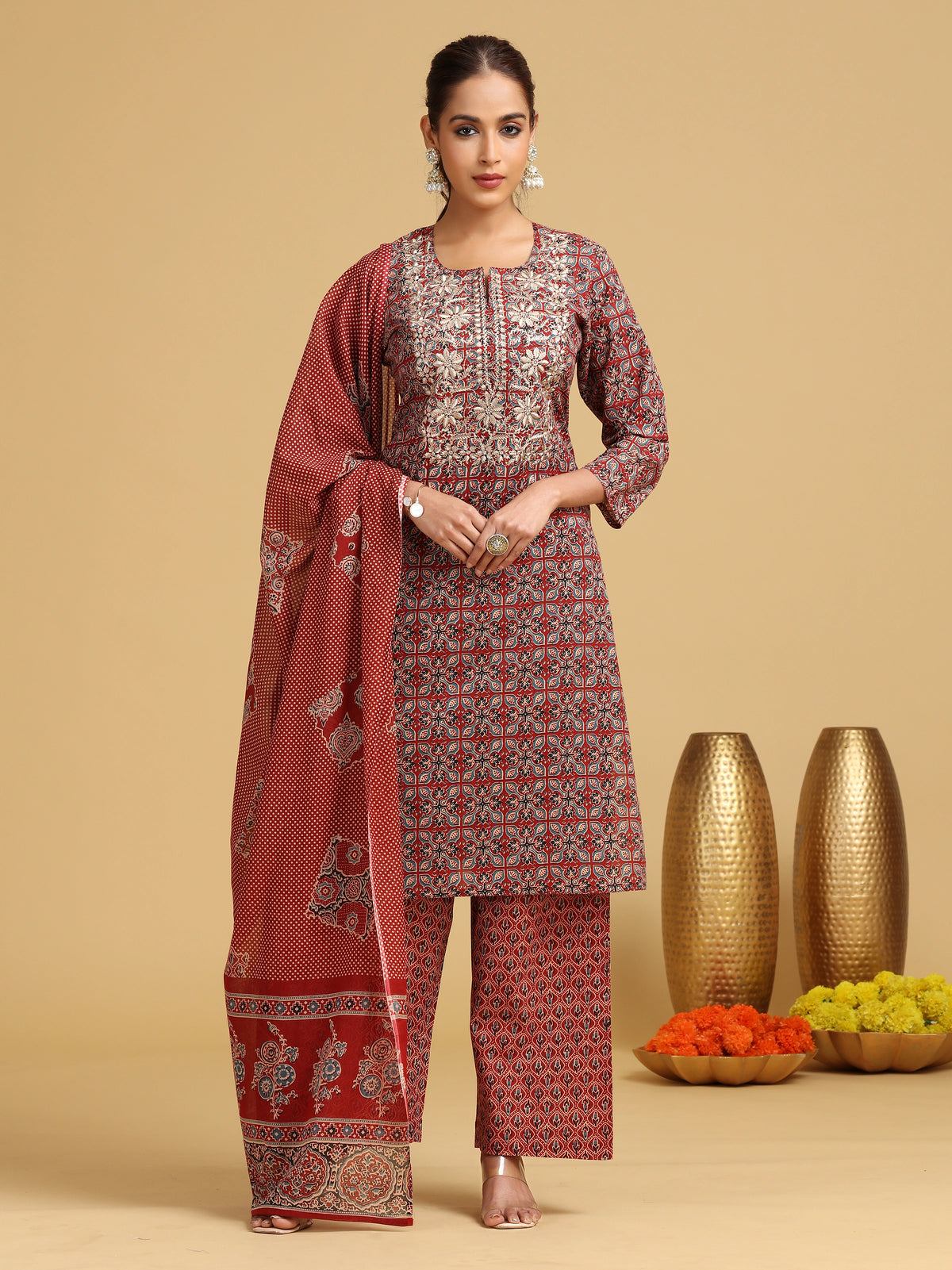Maroon Embroidered Straight Cotton Ethnic Set