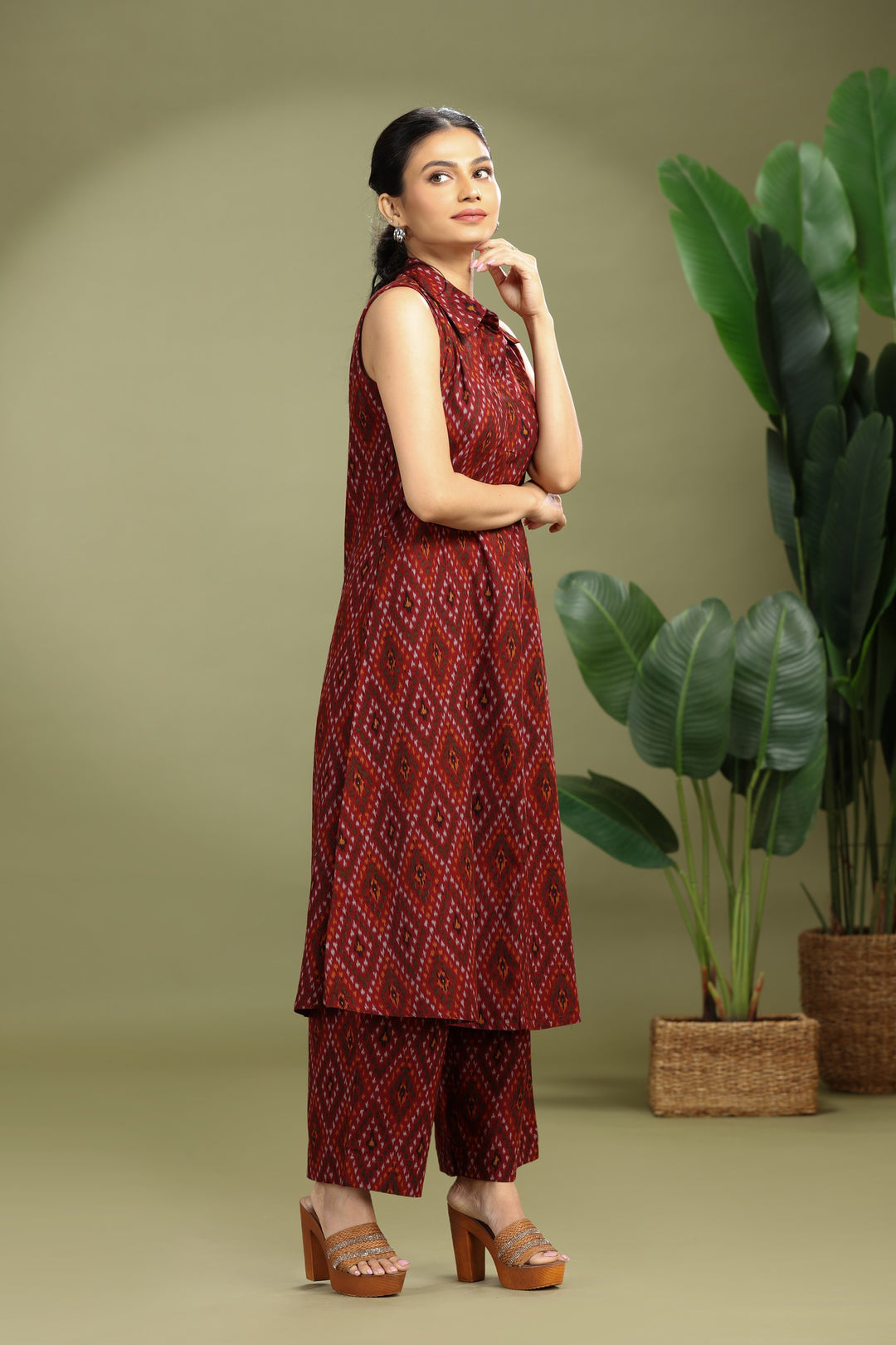 Maroon Cotton Flex Printed A Line Kurta Pant Co ord Set