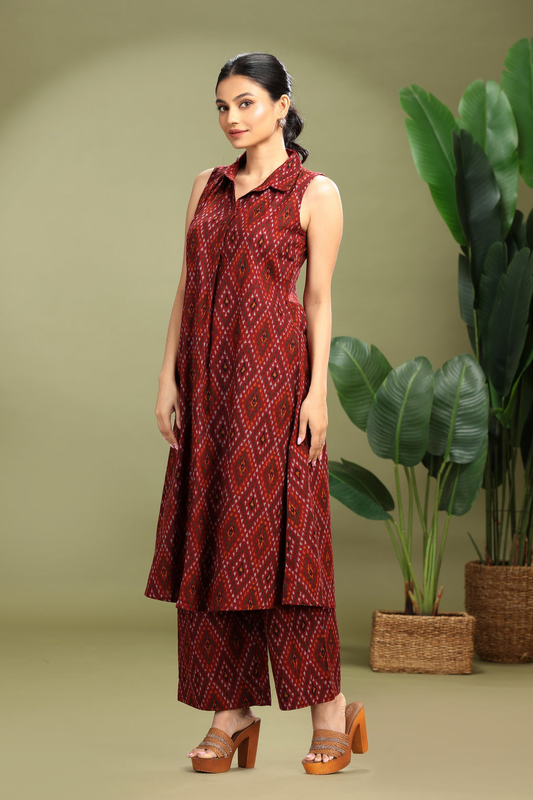 Maroon Cotton Flex Printed A Line Kurta Pant Co ord Set