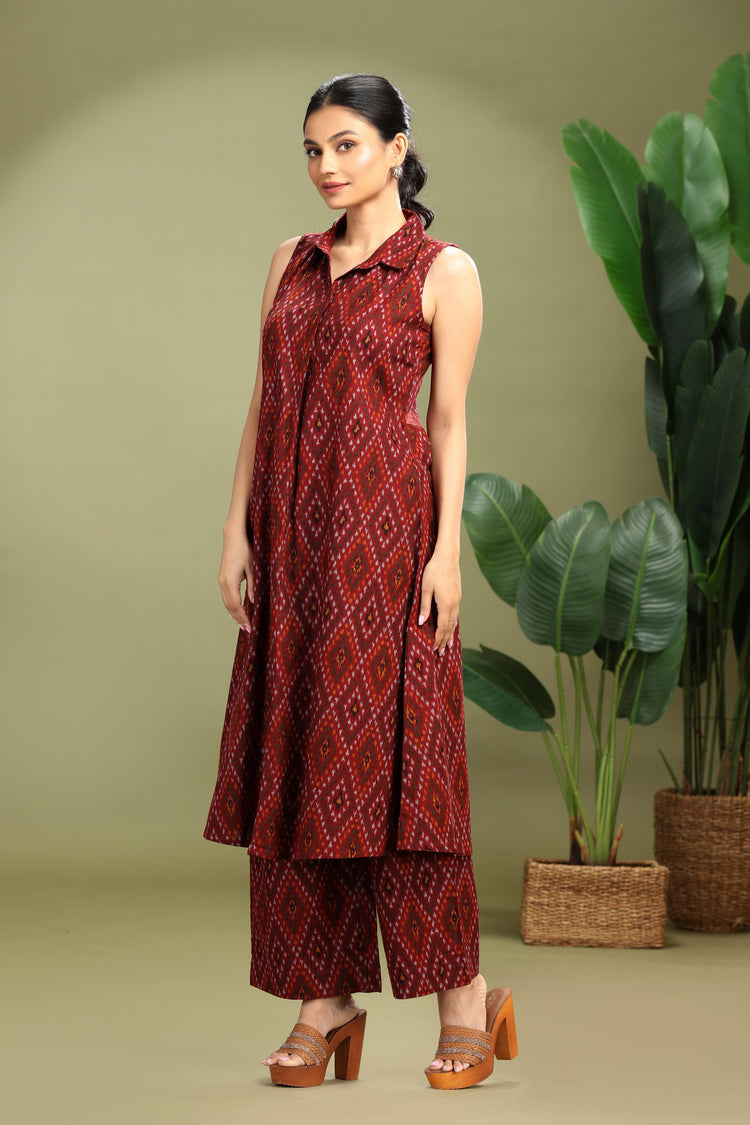Maroon Cotton Flex Printed A Line Kurta Pant Co ord Set