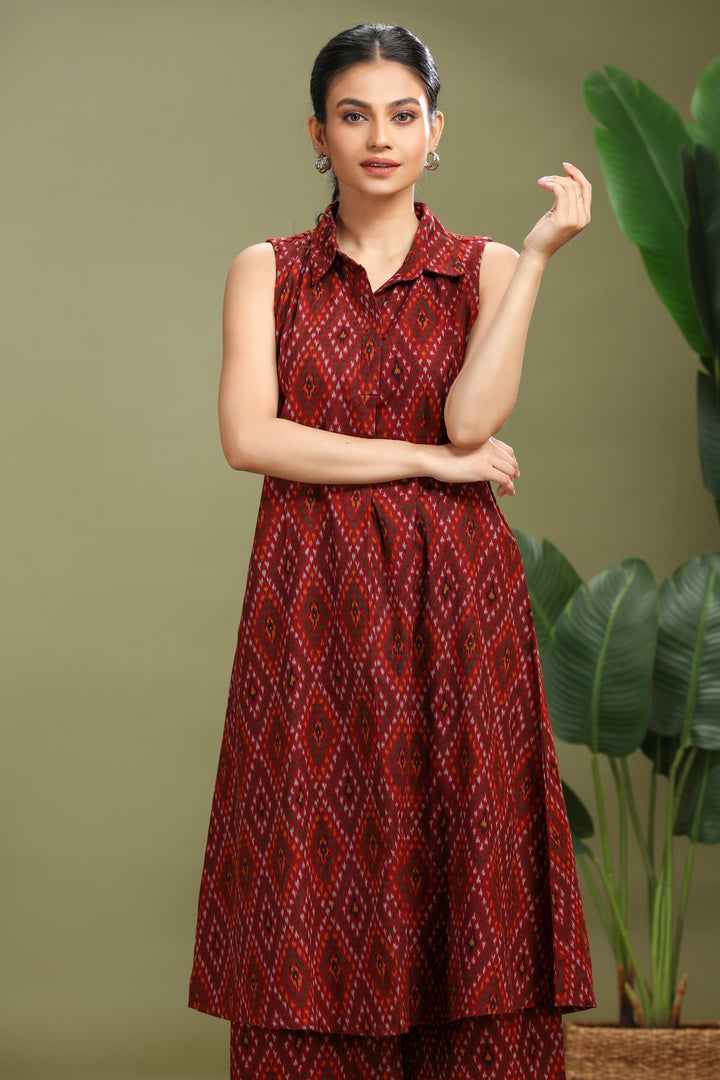 Maroon Cotton Flex Printed A Line Kurta Pant Co ord Set