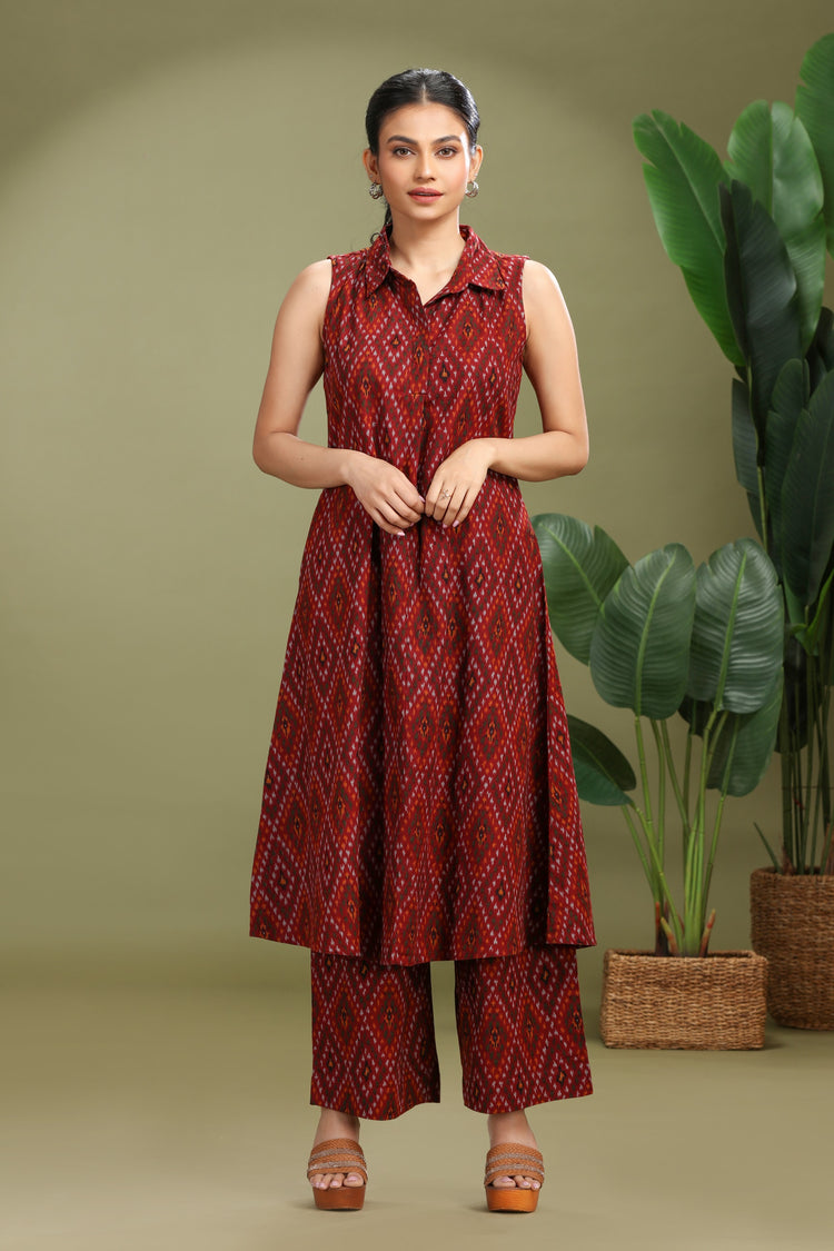 Maroon Cotton Flex Printed A Line Kurta Pant Co ord Set