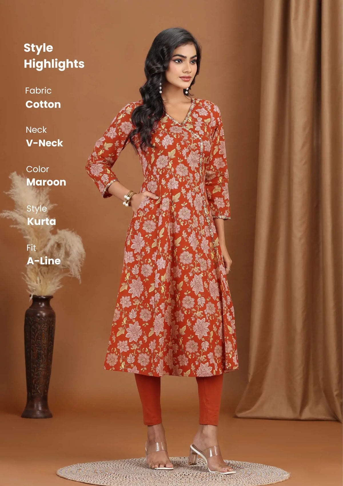 Maroon Floral Embroidered A-Line Cotton Kurta