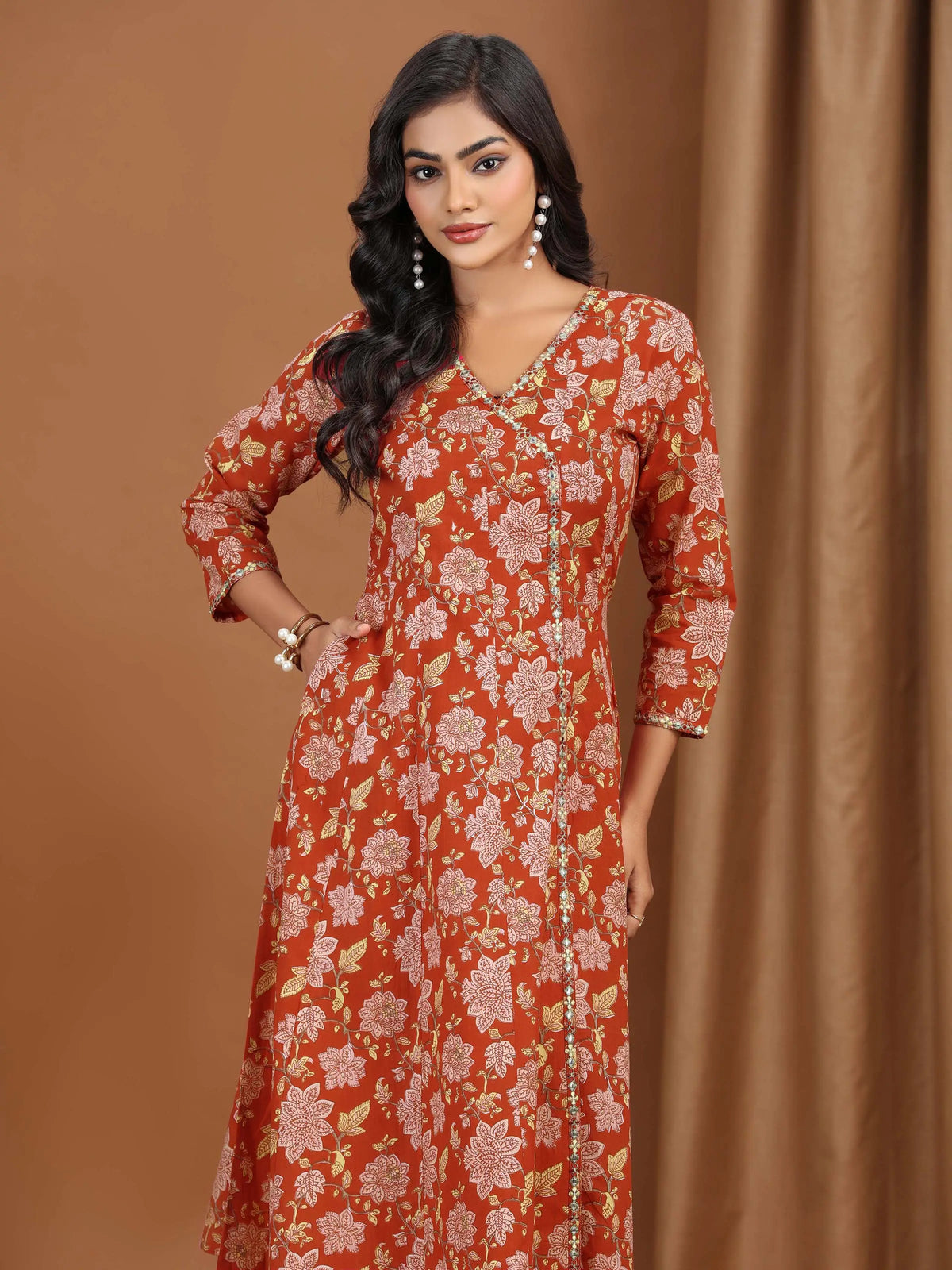 Maroon Floral Embroidered A-Line Cotton Kurta