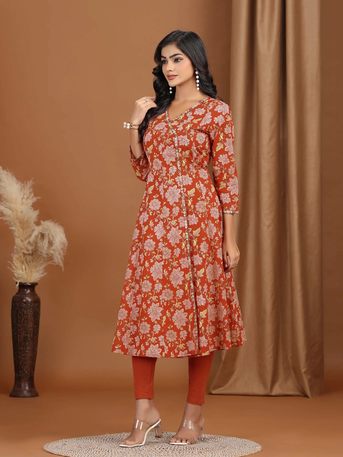 Maroon Floral Embroidered A-Line Cotton Kurta
