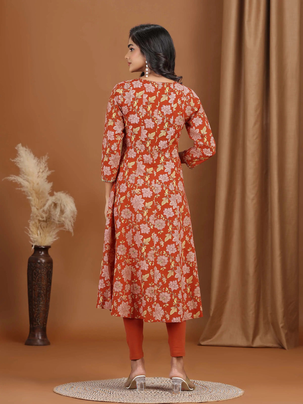 Maroon Floral Embroidered A-Line Cotton Kurta