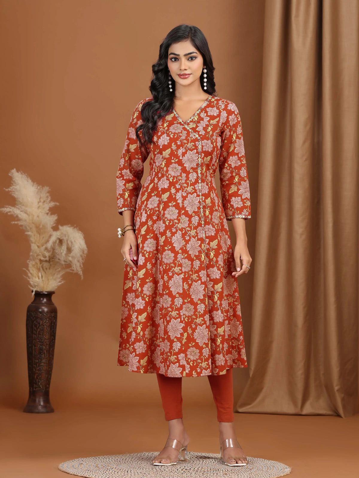 Maroon Floral Embroidered A-Line Cotton Kurta