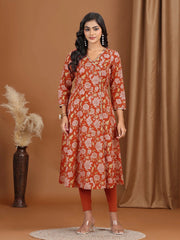 Maroon Floral Embroidered A-Line Cotton Kurta