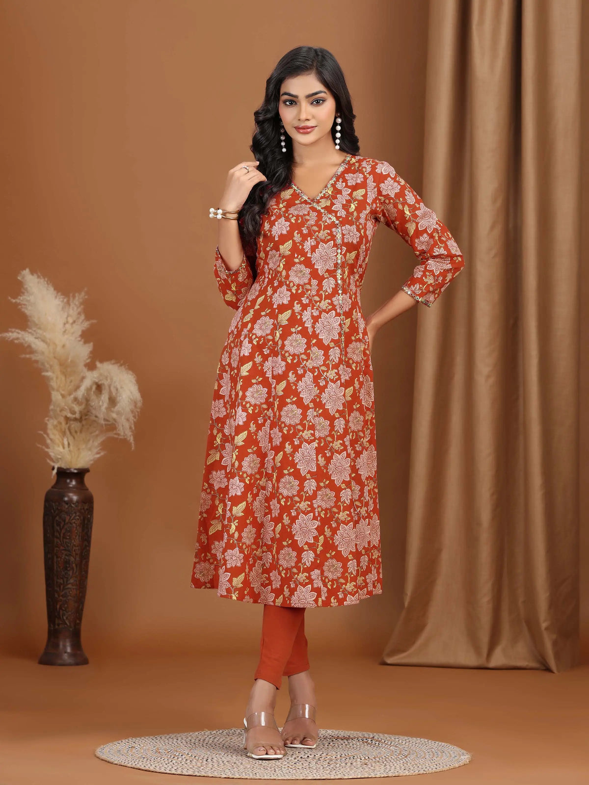 Maroon Floral Embroidered A-Line Cotton Kurta