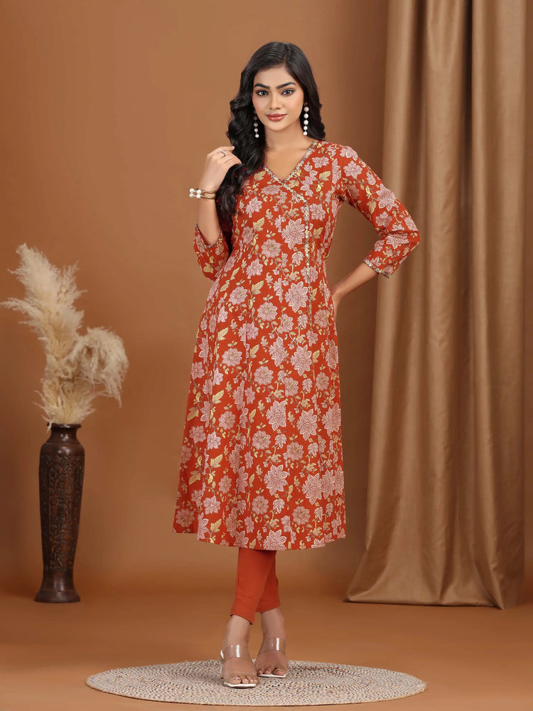 Maroon Floral Embroidered A-Line Cotton Kurta