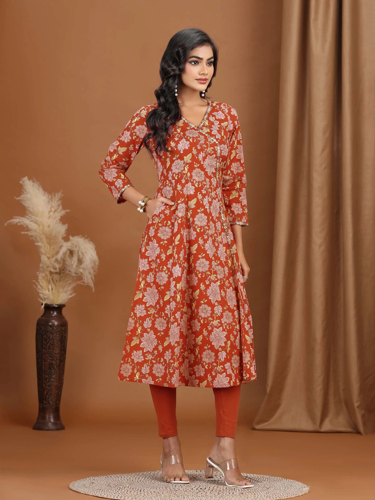 Maroon Floral Embroidered A-Line Cotton Kurta