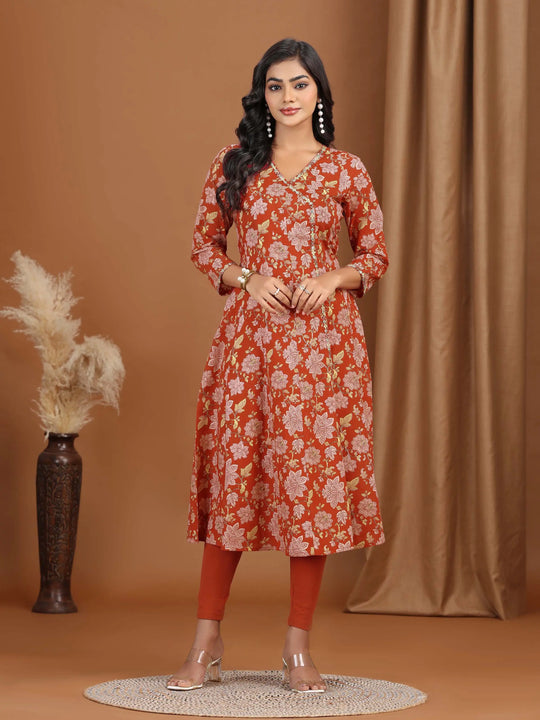 Maroon Floral Embroidered A-Line Cotton Kurta
