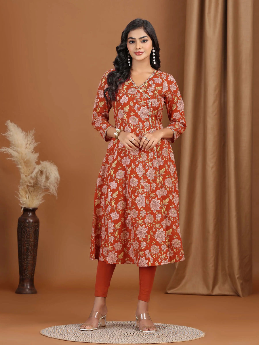 Maroon Floral Embroidered A-Line Cotton Kurta