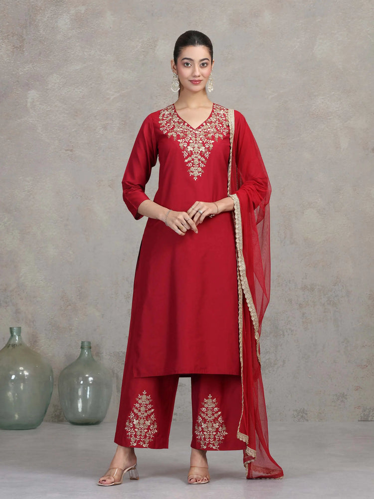 Maroon Floral Embroidered A-Line Ethnic Set