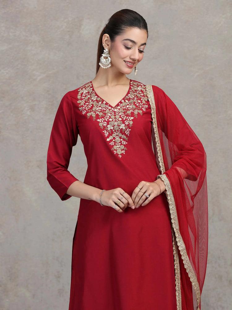 Maroon Floral Embroidered A-Line Ethnic Set
