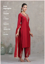 Maroon Floral Embroidered A-Line Ethnic Set