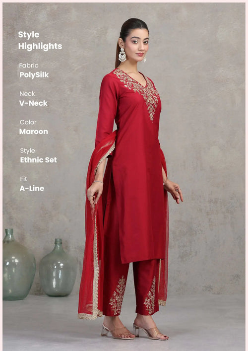 Maroon Floral Embroidered A-Line Ethnic Set