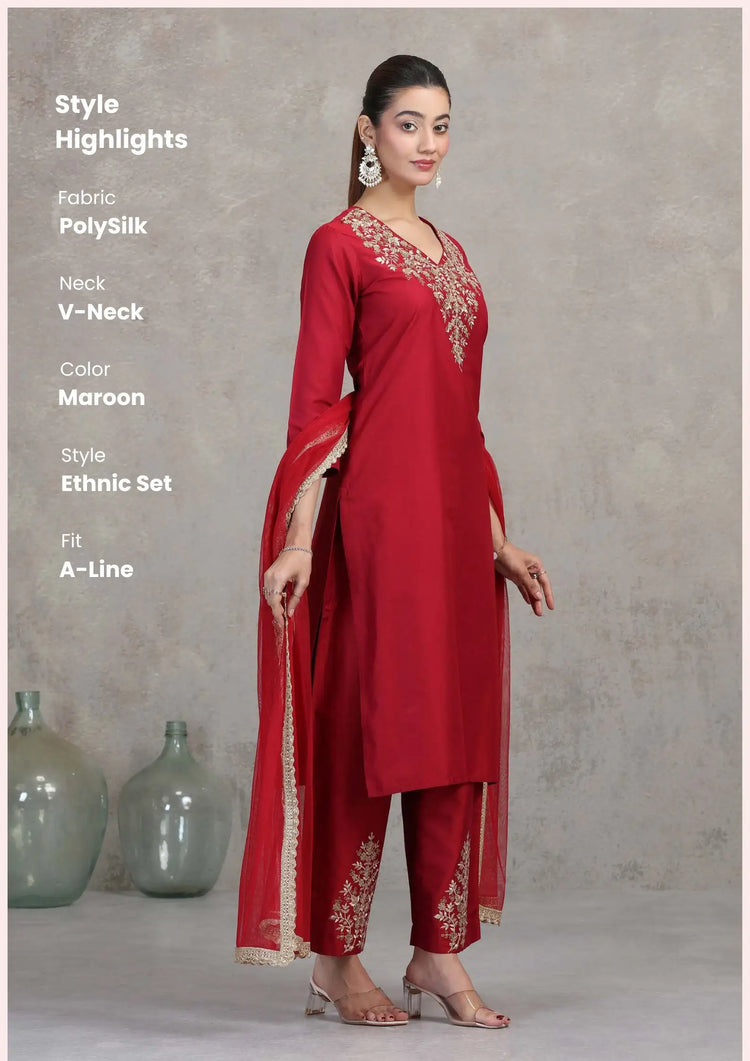 Maroon Floral Embroidered A-Line Ethnic Set