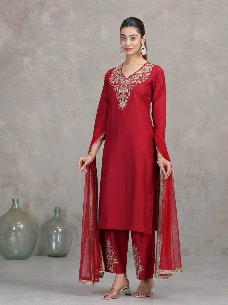 Maroon Floral Embroidered A-Line Ethnic Set