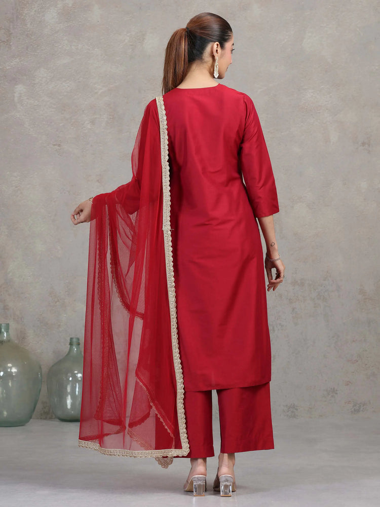 Maroon Floral Embroidered A-Line Ethnic Set