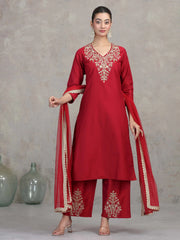 Maroon Floral Embroidered A-Line Ethnic Set