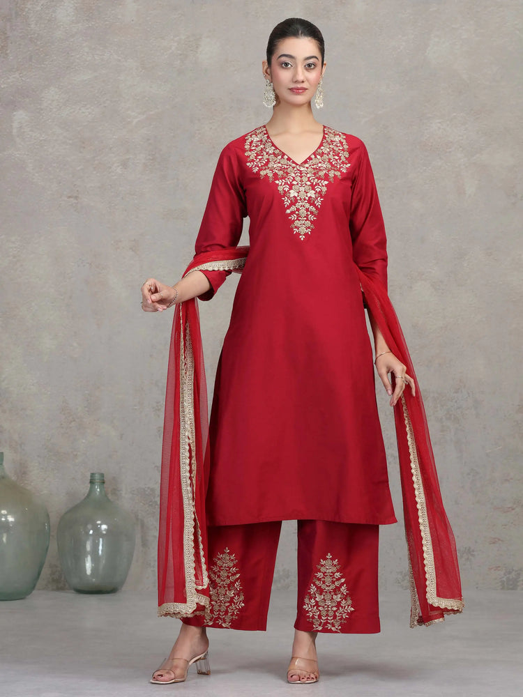 Maroon Floral Embroidered A-Line Ethnic Set