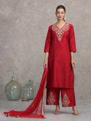 Maroon Floral Embroidered A-Line Ethnic Set