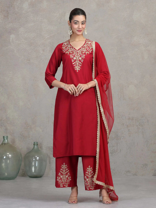 Maroon Floral Embroidered A-Line Ethnic Set