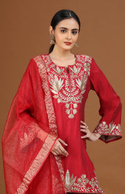 Maroon Floral Embroidered Straight Ethnic Set