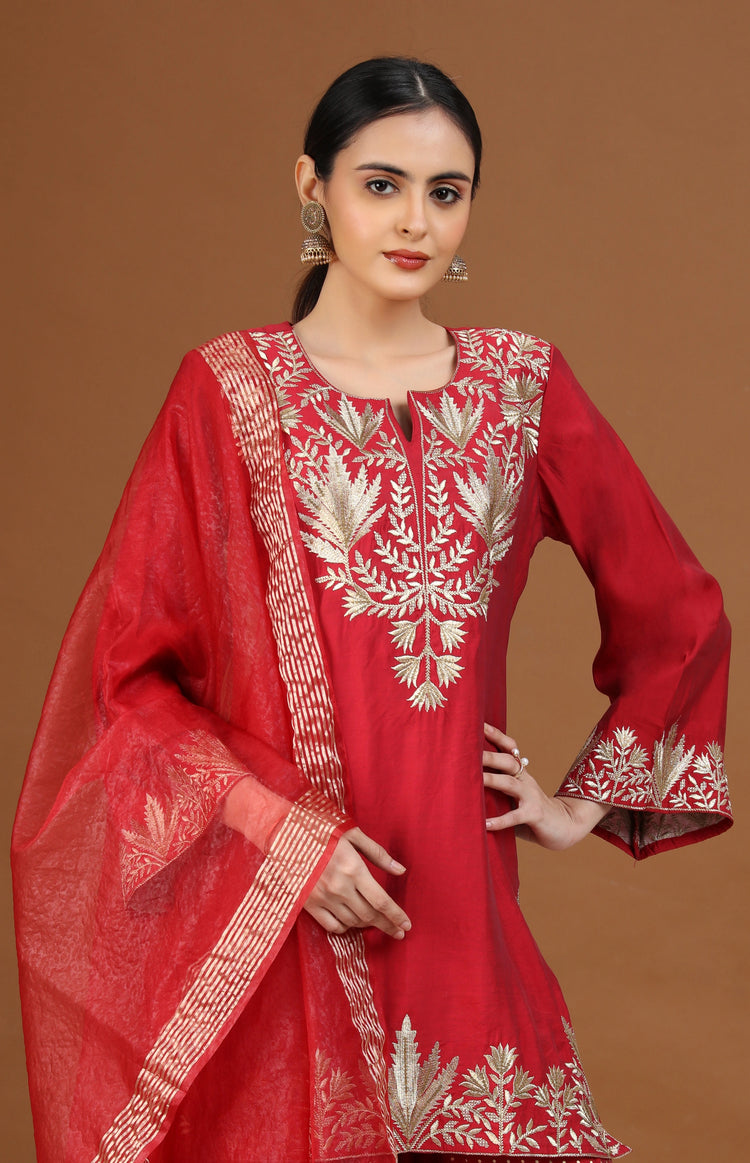Maroon Floral Embroidered Straight Ethnic Set