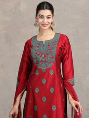 Maroon Floral Embroidered Straight Ethnic Set