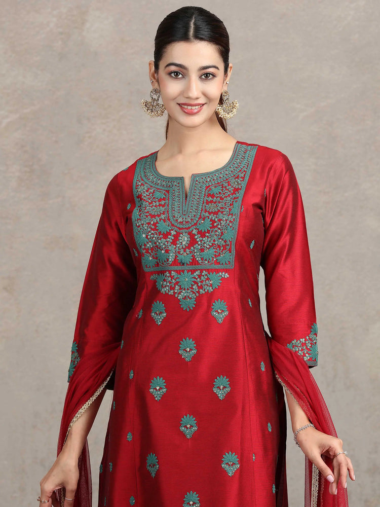 Maroon Floral Embroidered Straight Ethnic Set